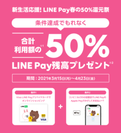 Line Pay ラインペイ 春の50 還元キャンペーン 上限1 000円相当 3月15日 4月23日 バーチャルカードのオンライン決済利用 Apple Payまたはgoogle Pay利用で コード決済情報局